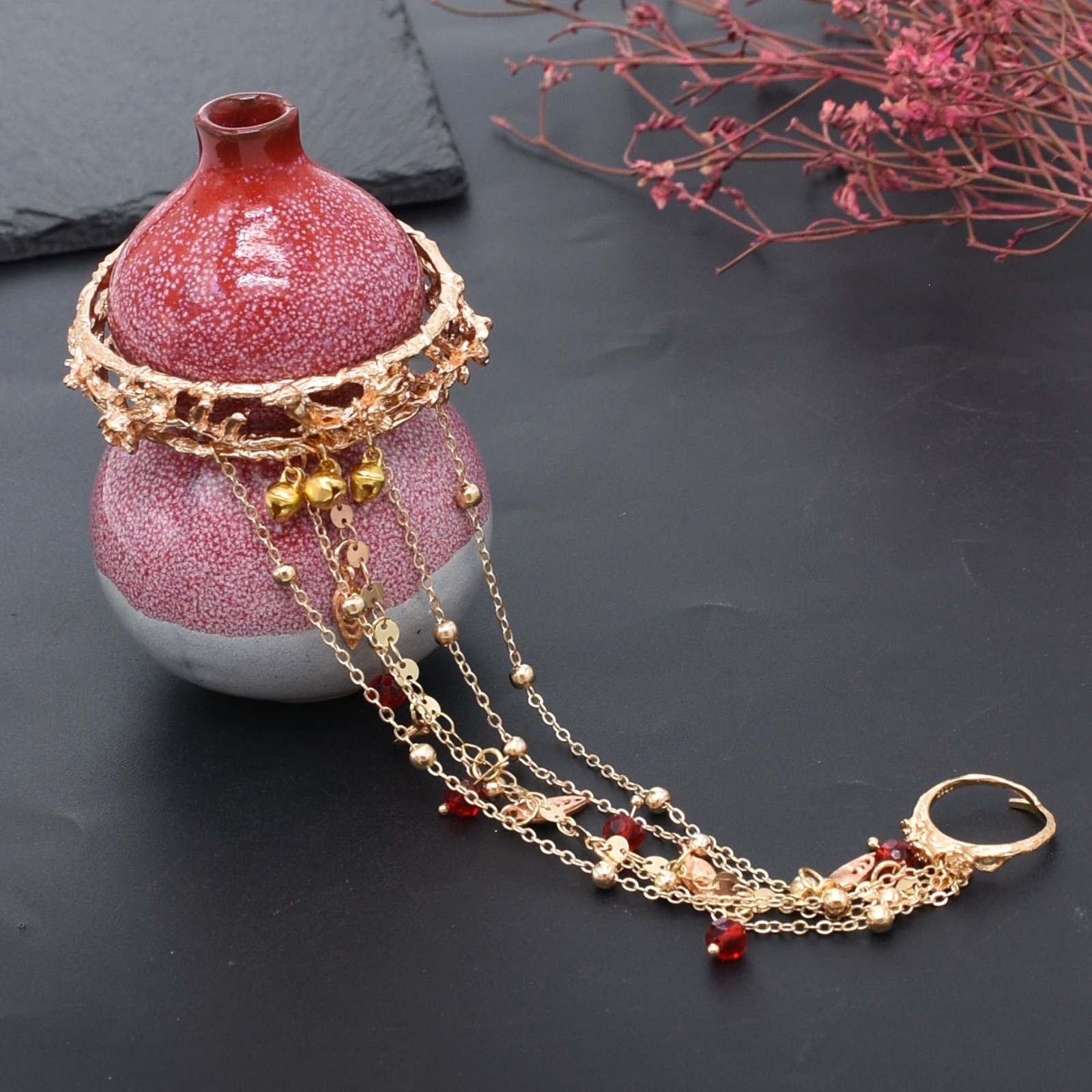 Gold Tone Vintage Cuff Bracelet with Ring Red Beads Chain Bell Gift for Women