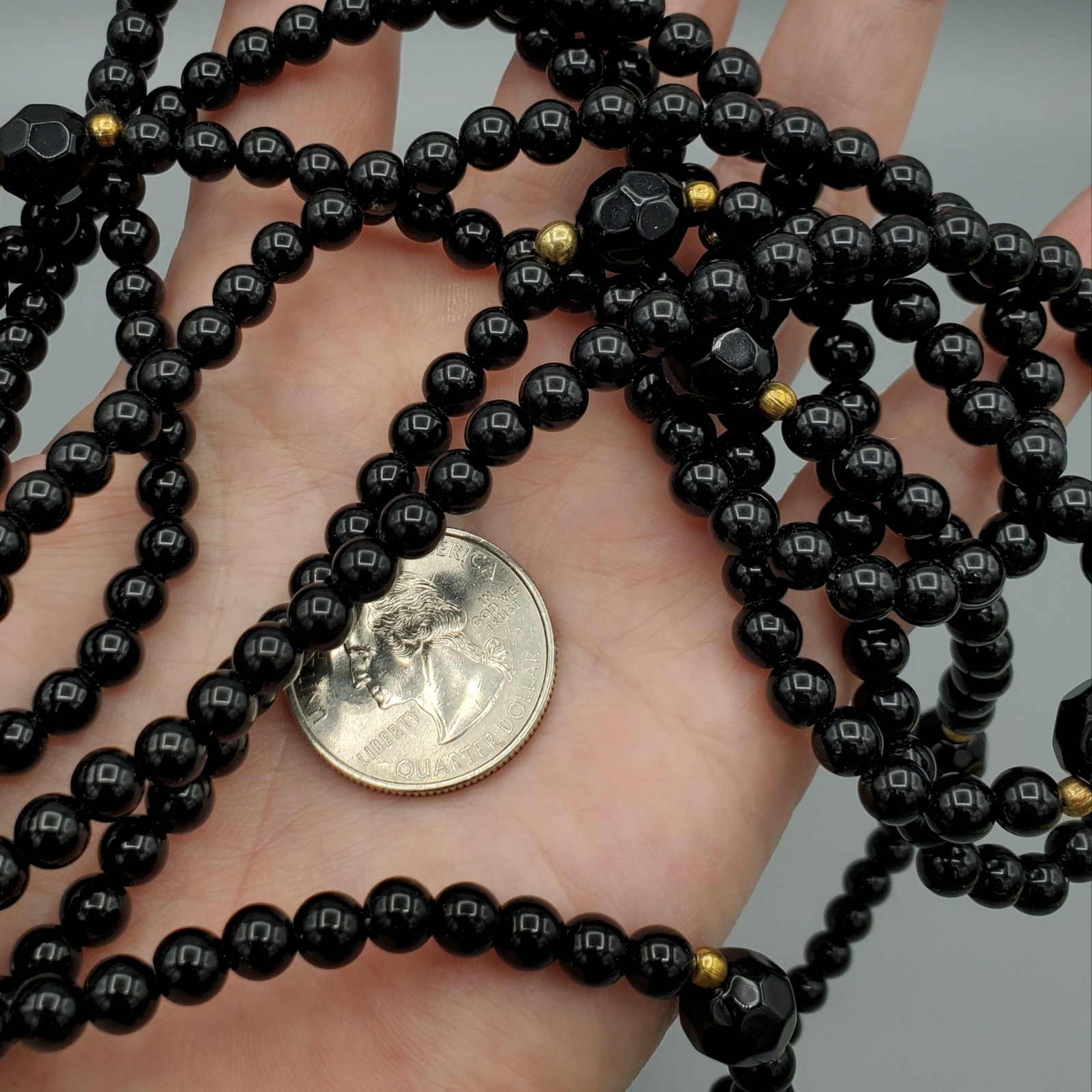 Vintage Black Lucite and Gold Tone Bead Multi Strand Layered Necklace 16″