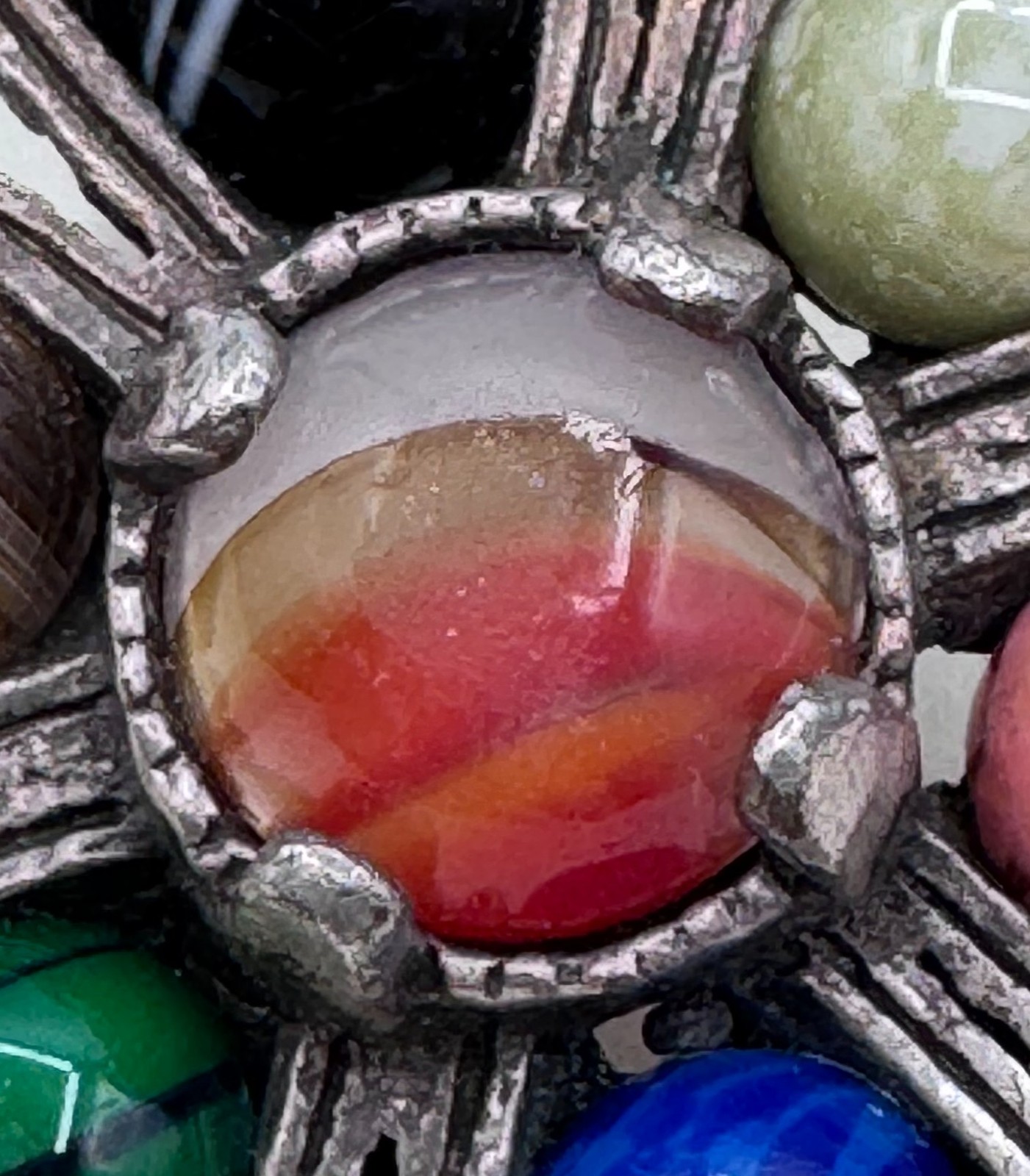 Vintage Miracle Scottish Celtic Pewter Agate Multi-Stone Starburst Brooch Pin