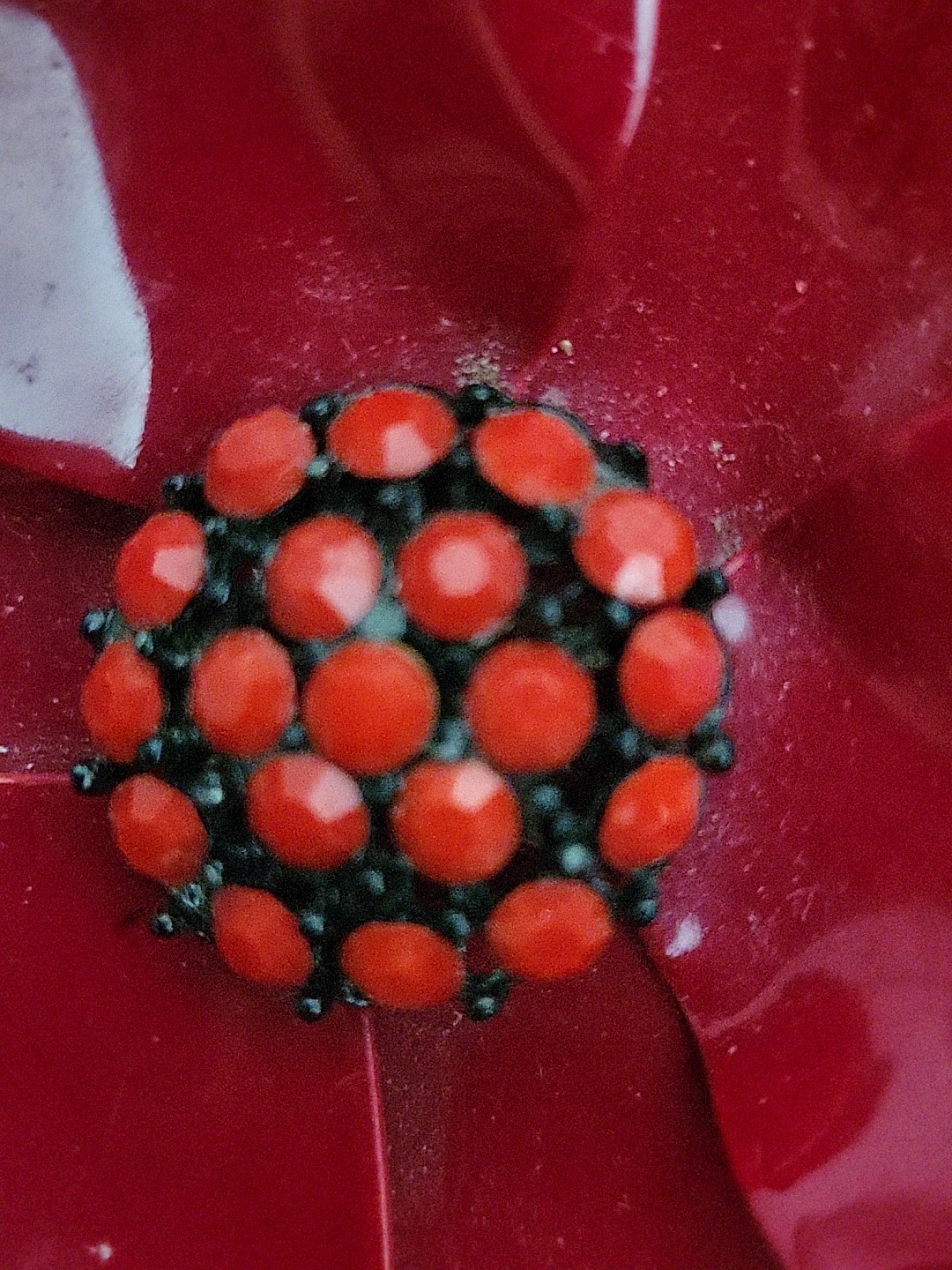VNTG Large Bright Red Poppy Flower Brooch Black Border & Red Beads Center 2.5