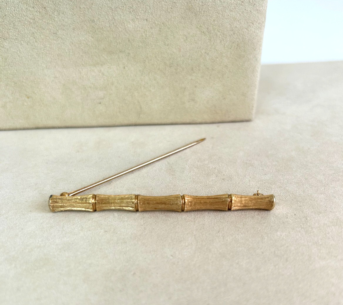70s Napier Womens Bamboo Bar Brooch Pin Etched Gold Tone 3″ VGUC
