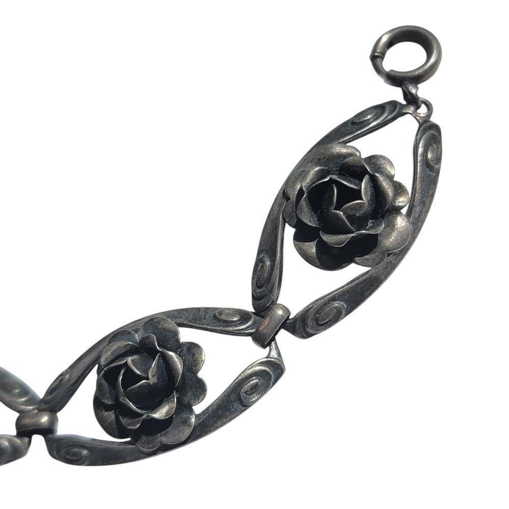 Vintage Sterling Silver Rose Link Bracelet 925 Floral 7″