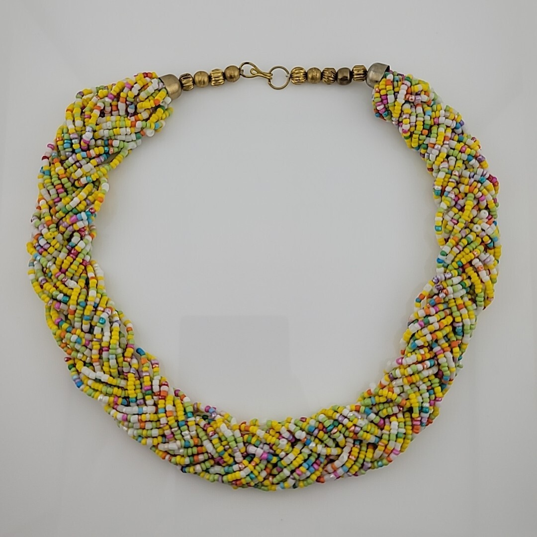 Vintage Braided Seed Bead 19″ Necklace Easter Multicolor Chunky Retro