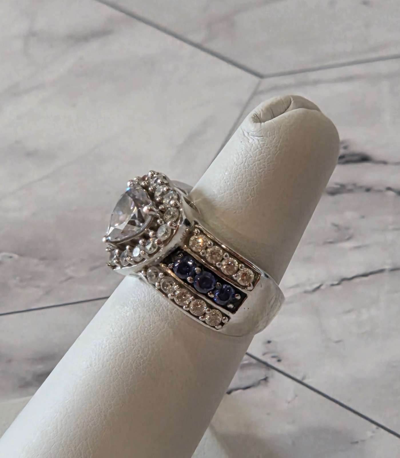 VINTAGE Blue & White CZ 925 Silver Always & Forever Bridal Wedding Ring sz 5