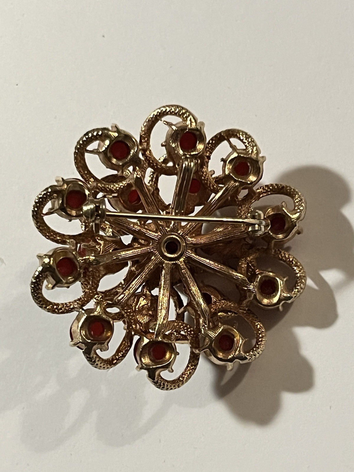 Vintage Sunburst Flower Swirl Brooch Pin Carnelian Goldtone 2” Multi Stone Retro