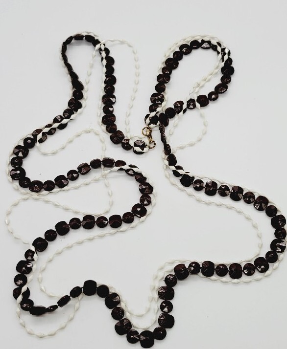 White & Brown plastic beaded Long Necklace 50 in Vintage ART DECO