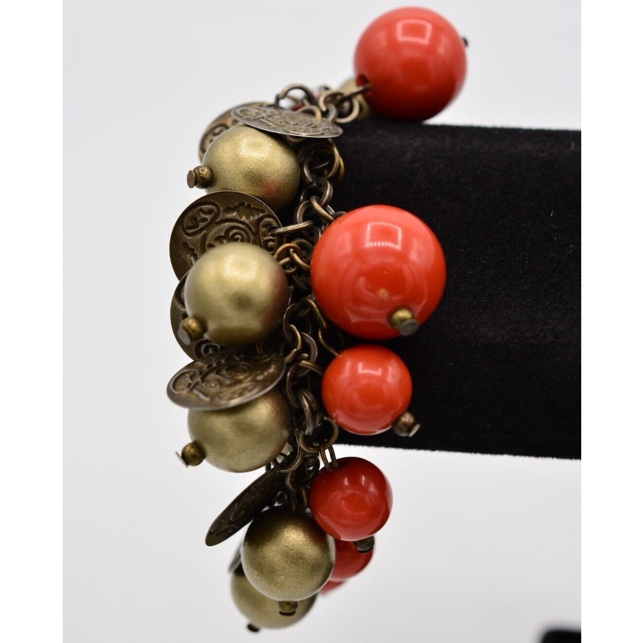 Vintage Dangle Coin Charm Bracelet Rustic Brass Orange Gold Beaded Chunky Bin7