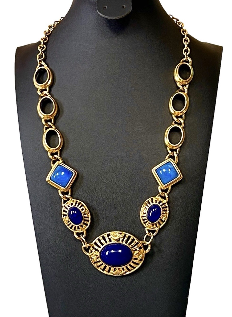 Vintage Etruscan Revival Necklace Chunky Blue Lucite Gold Tone Statement