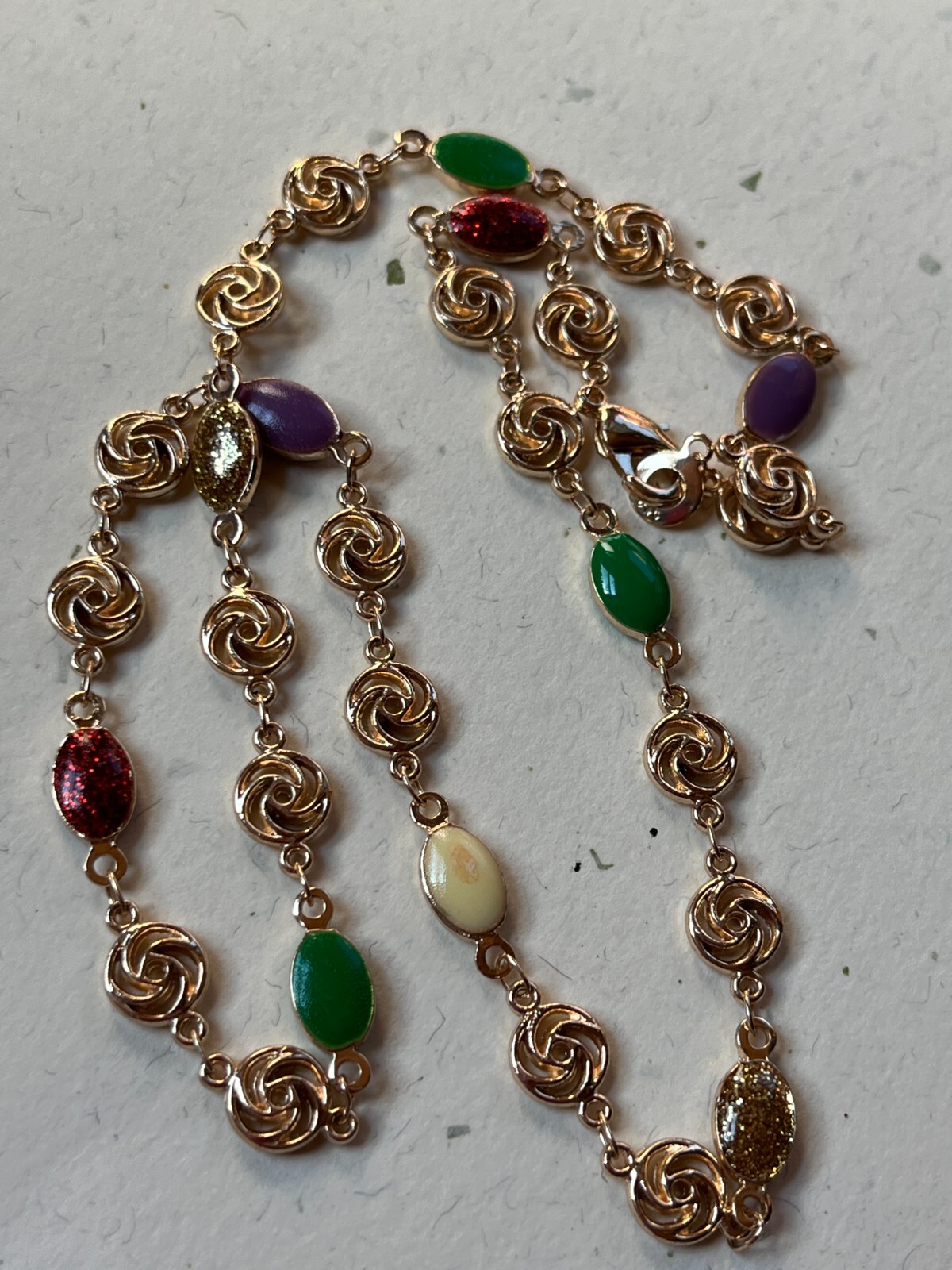 Small Goldtone Rose Flower w Red Green Cream Purple Enamel Oval Link Necklace –