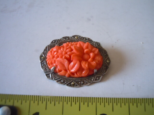 Vintage sterling marcasite coral colored molded peking glass brooch