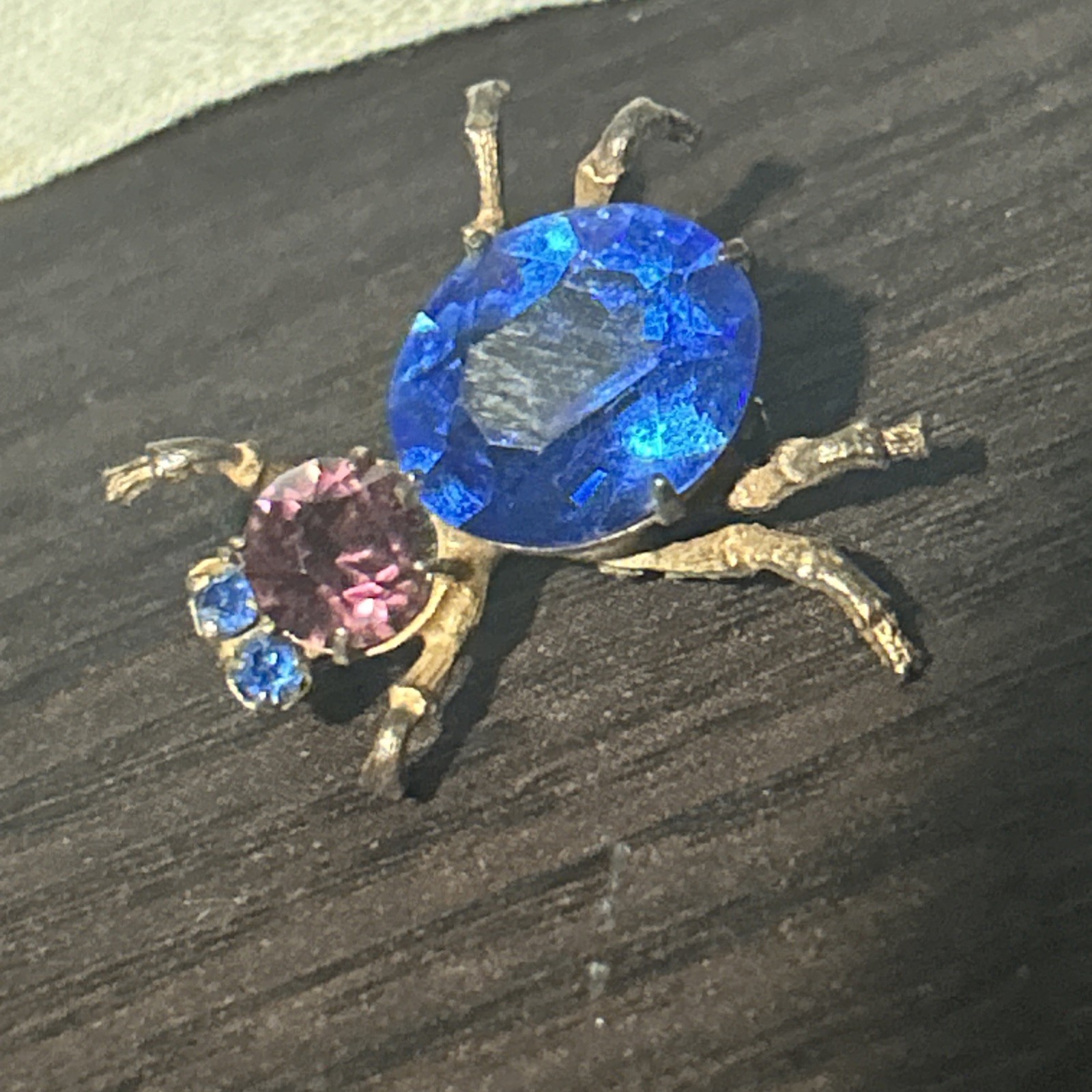 Antique Bug Insect Fly Brooch Pin Cobalt Blue Purple Rhinestones Brass Tones