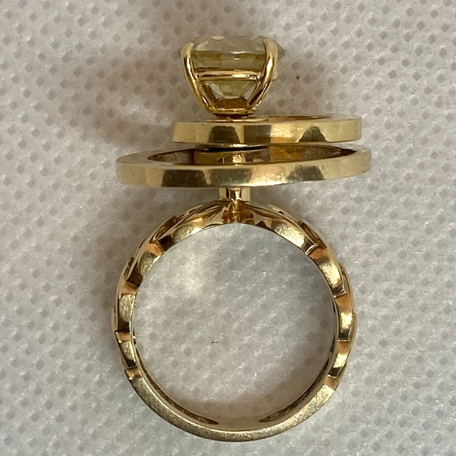 Vintage Norman Teufel 14 Karat Gold & Simulated Diamond Spinner Ring, circa 1972