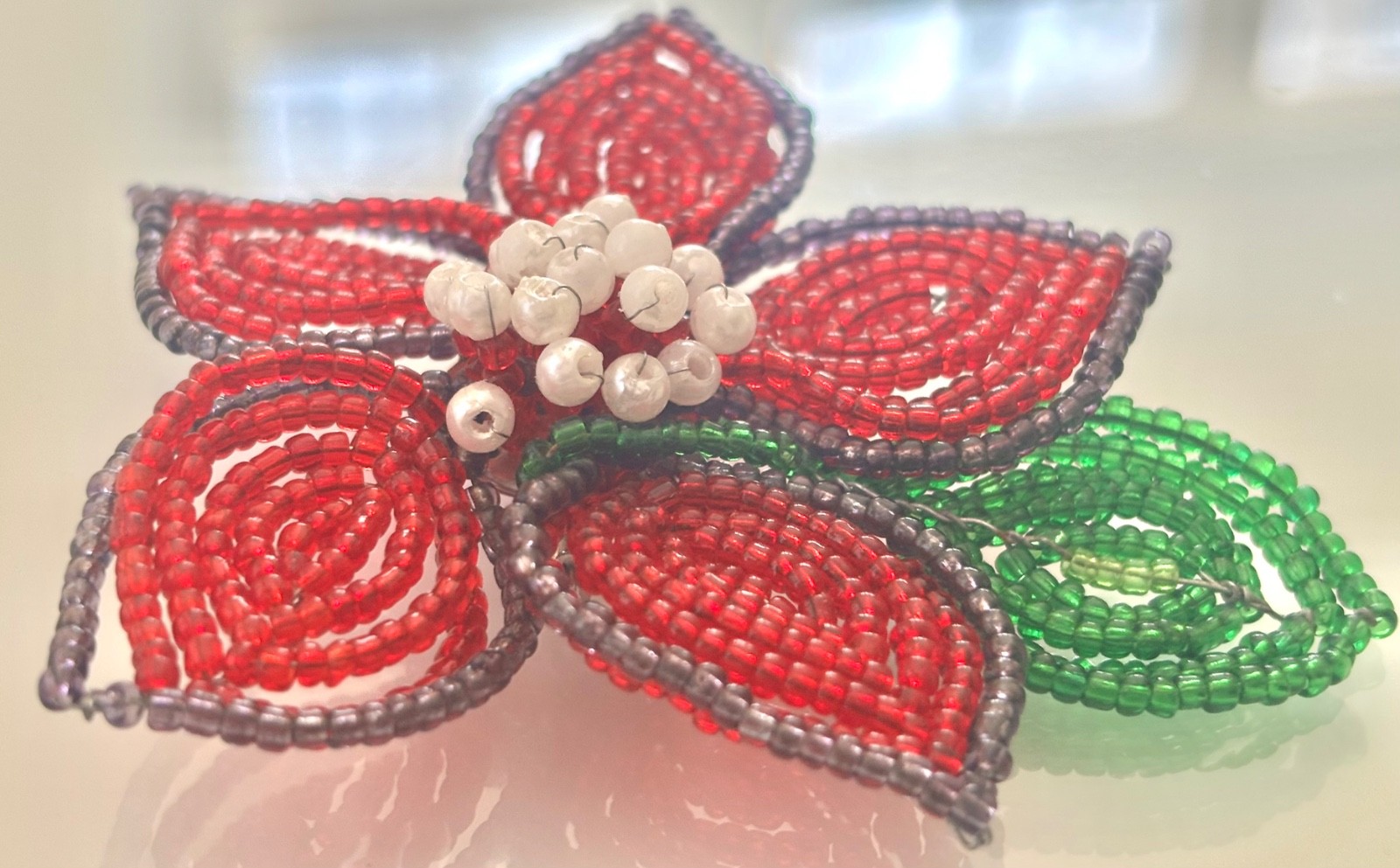 Sweet Hand Beaded Vintage Flower Brooch PIN with Green Leaf Details