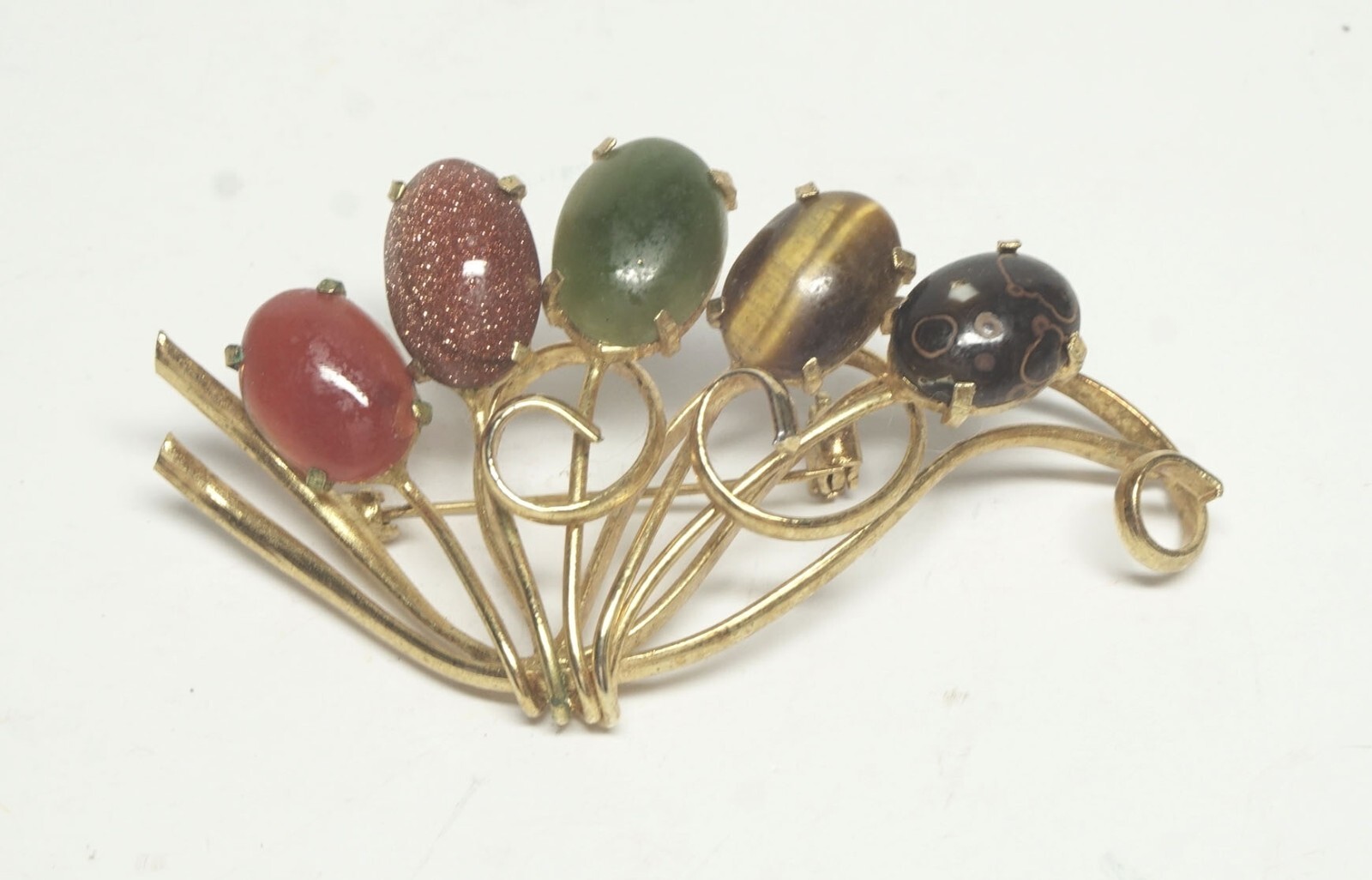 Vintage Gemstone Flower Wire Basket Brooch w/Jade, Tigers Eye, Gold Stone +