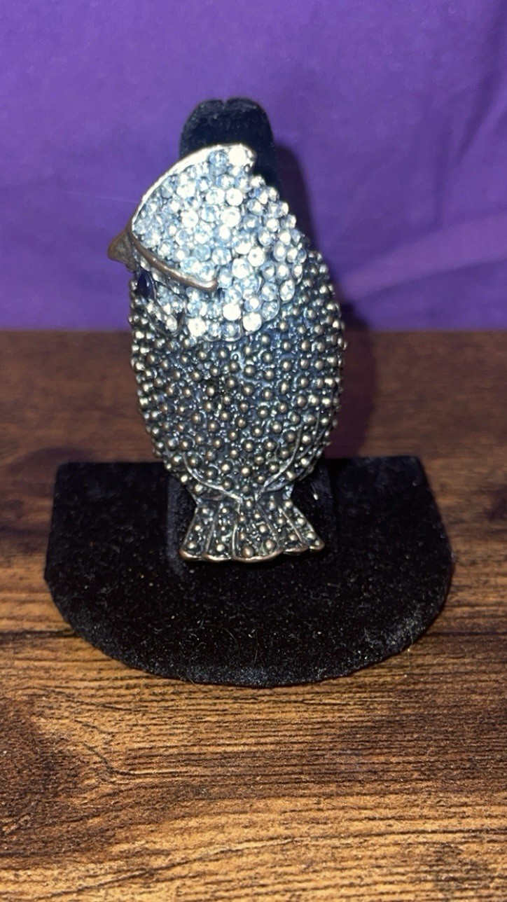 Vintage Estate Owl Rhinestone Cocktail Statement Ring & Sparkly Stud Earrings