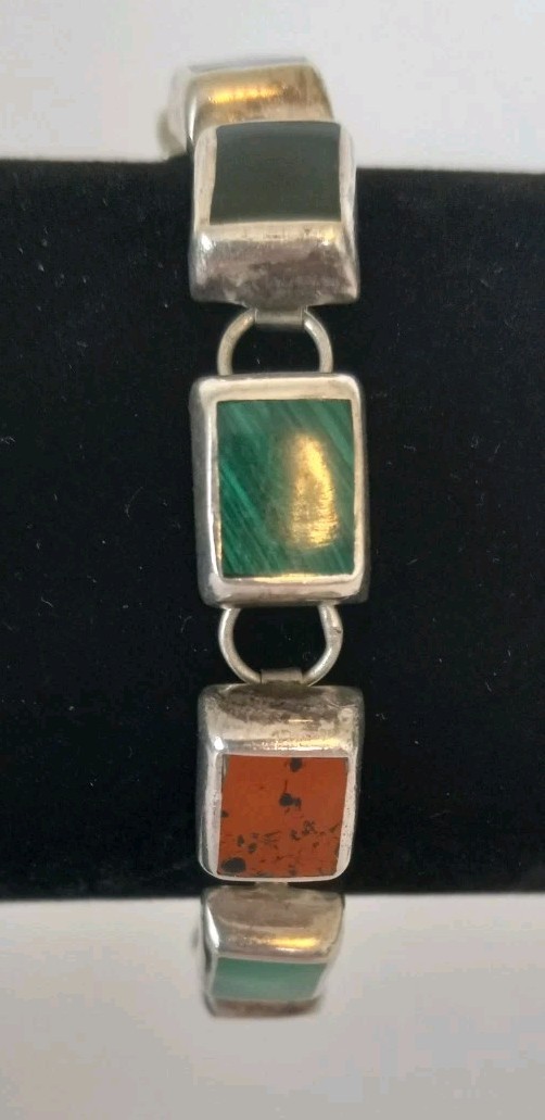 Vtg Mex925 Sterling Silver Multicolor Stone Bracelet 7″