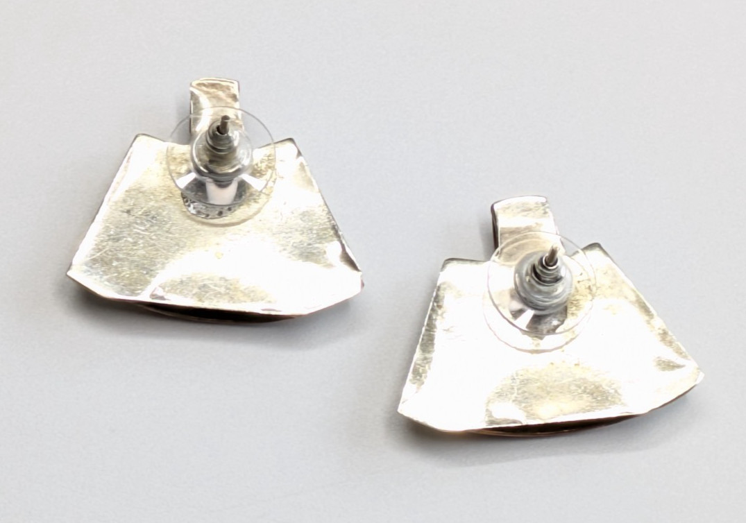 VTG Artisan Copper Brass Silver Tone Metal Modernist Pierced Earrings 7/8″