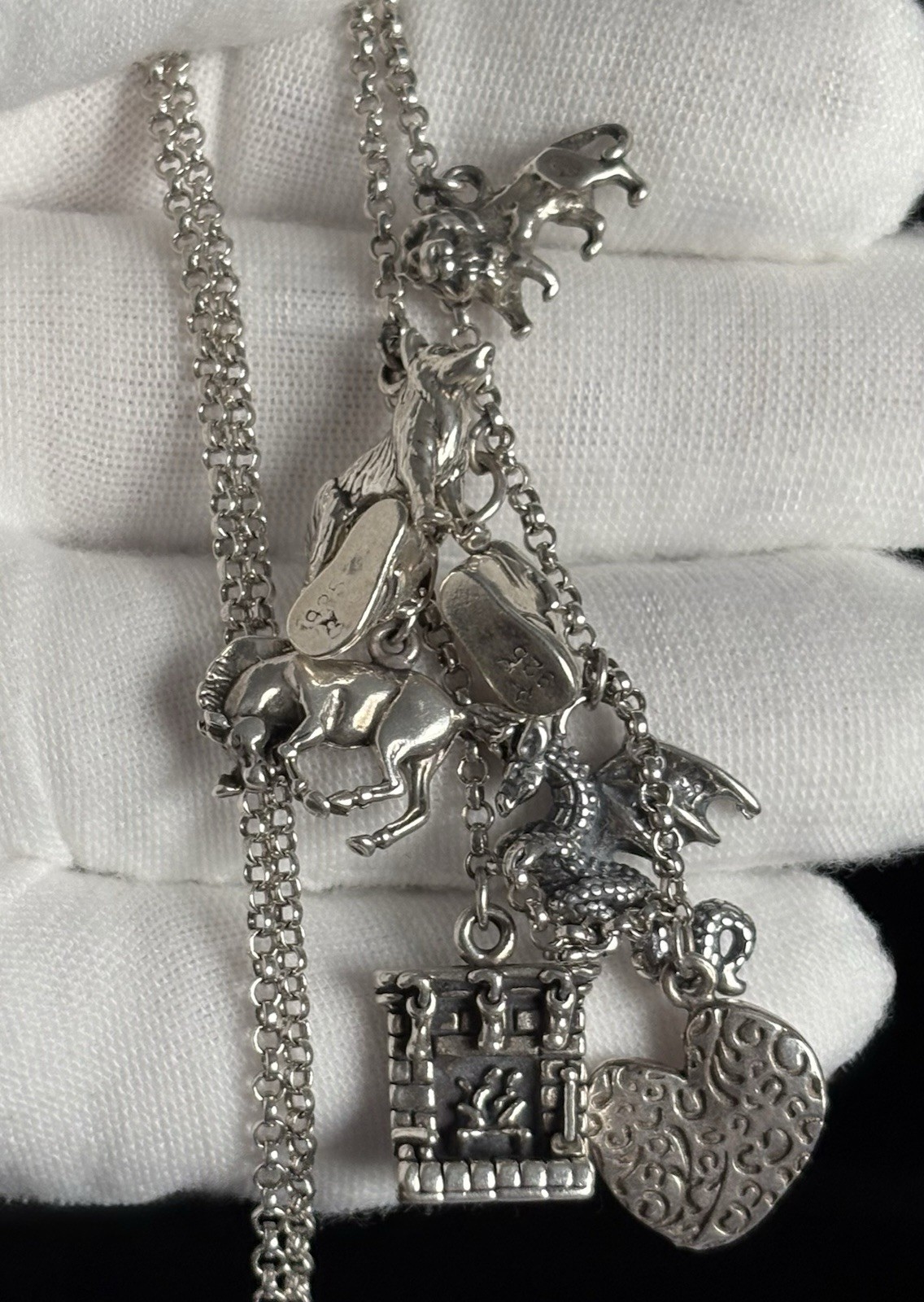 VTG Charm Necklace Sterling Silver 20” Rolo Chain 3D Assorted 7 Wolf Horse Lion