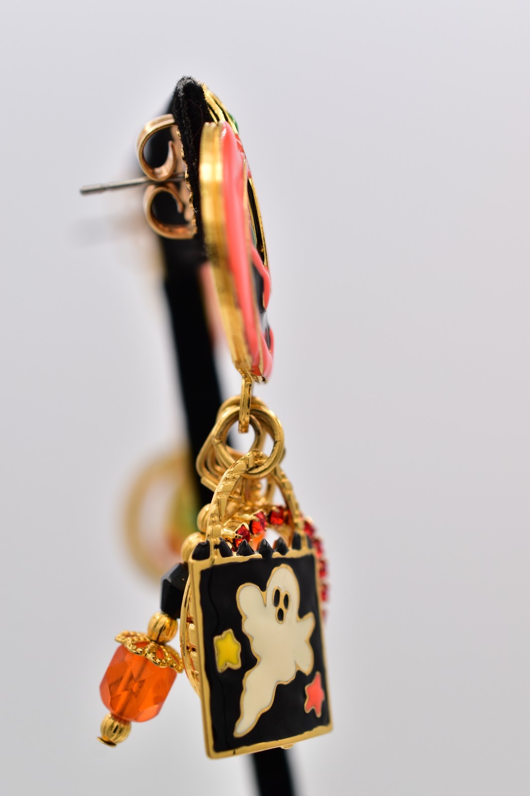Lunch at The Ritz Halloween Pumpkin Ghost Candy Corn Charm Earrings Signed Bin1