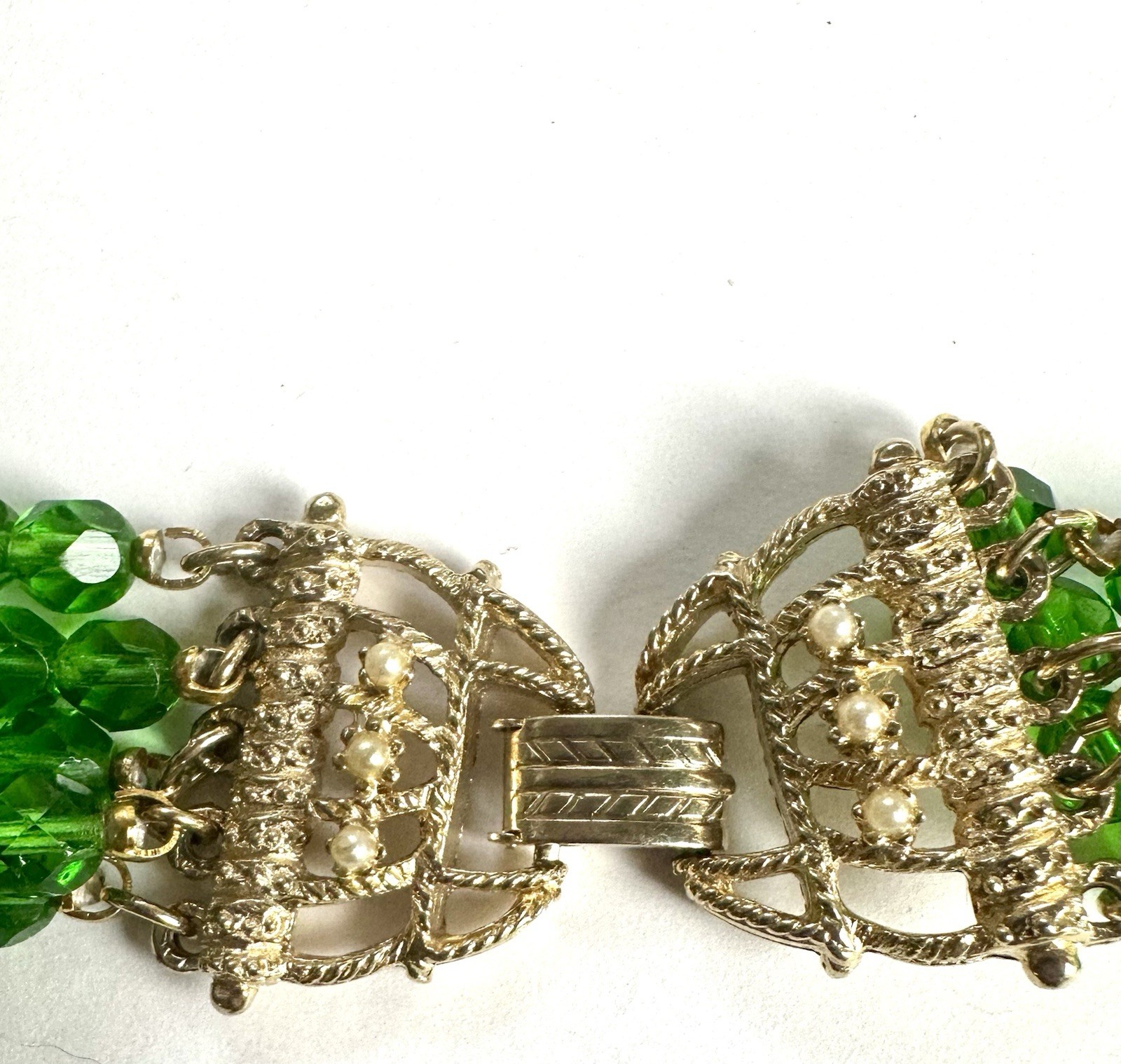 VTG Etruscan Revival Vivid Green Heavy 5-strand Glass Necklace Faux Pearls