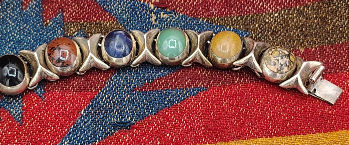 Vintage Mid Century Sterling and Multi Stone Mexico Bracelet