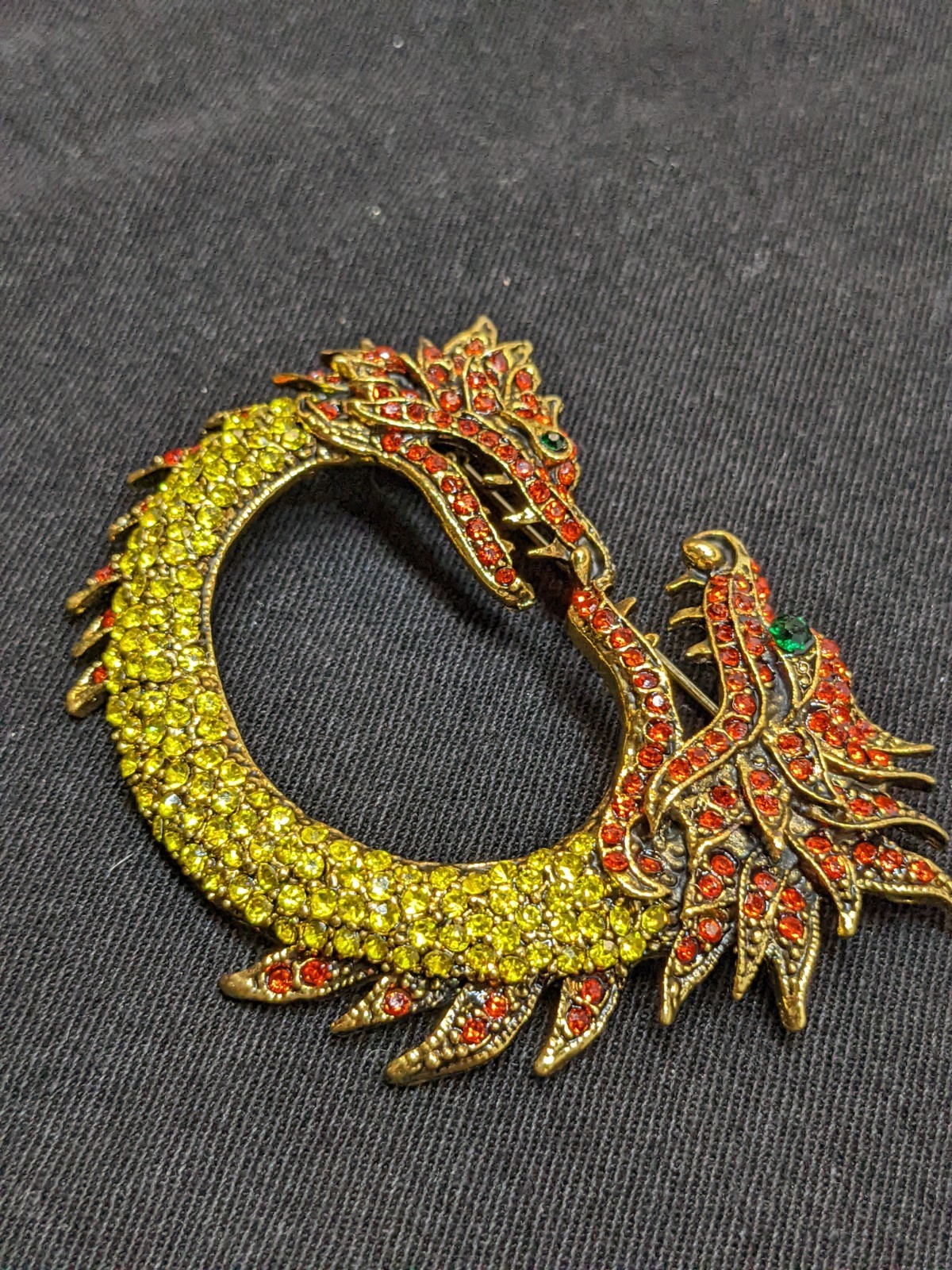 Vtg Dragon Brooch Gold Tone Green Red Rhinestone Chinese Fantasy Statement Pin