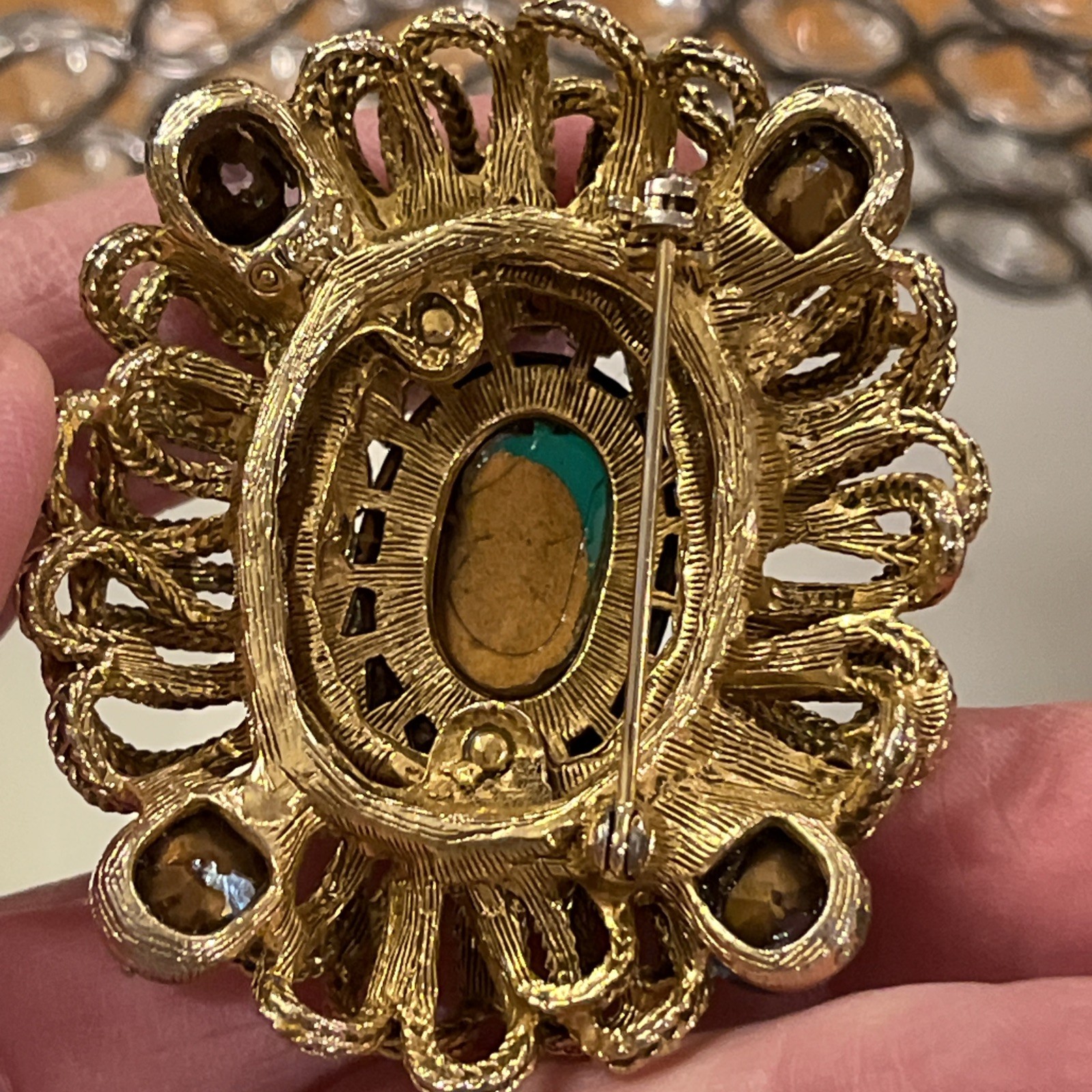 Vintage Capri Green Gripoix Glass Cabochon Blue Green Rhinestone Ornate Brooch