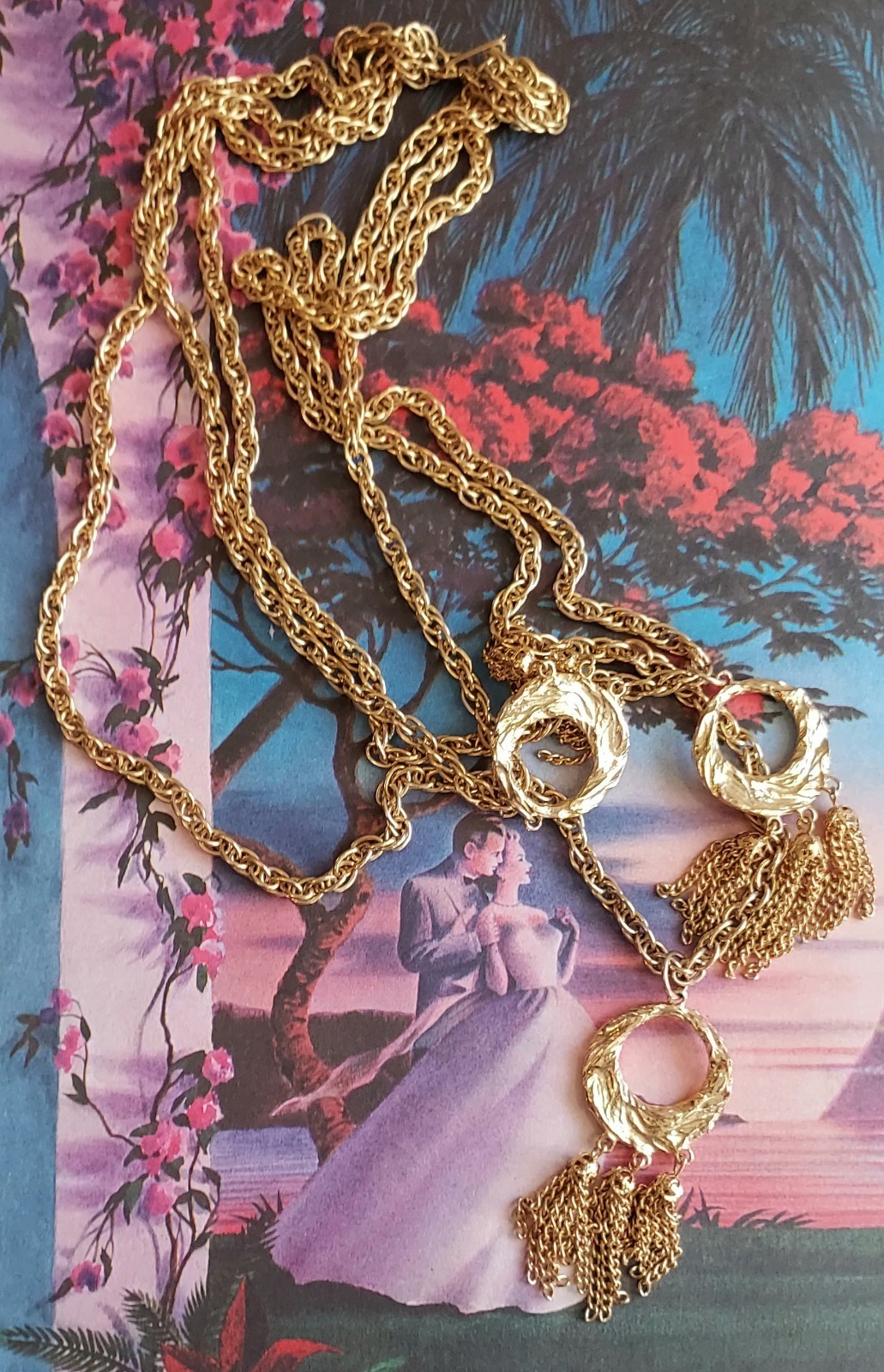 Vintage Multi Strand Festoon Tassel Necklace Circle Pendant Gold Tone Statement