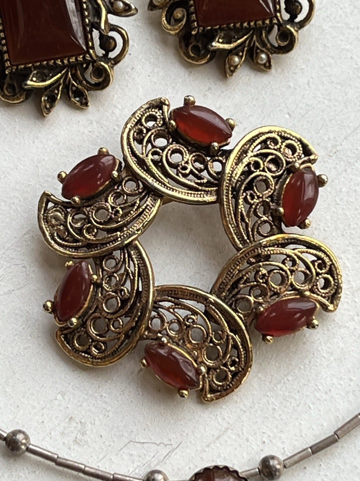 Vintage Carnelian Cabochon ART Clip On Earrings TACOA Brooch And Necklace Set