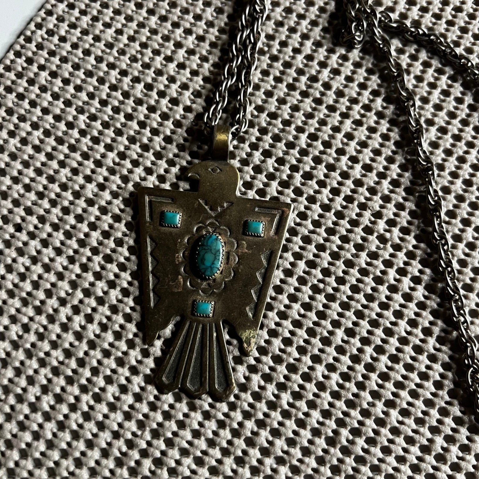 Vintage Bell Trading Post Thunderbird Necklace Nickel Silver Turquoise Southwest