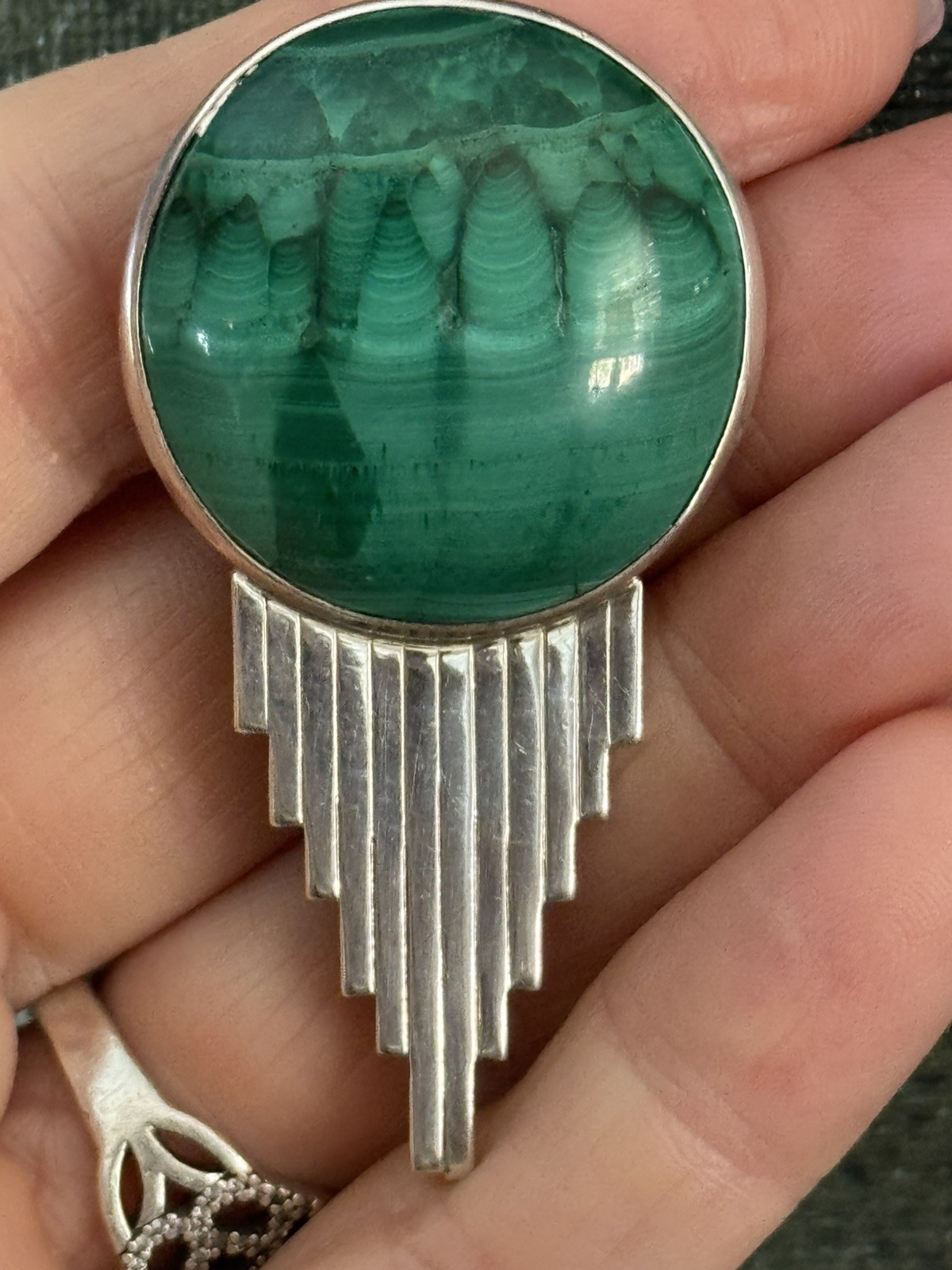 Erickson Silversmith Art Deco / Modernist Malachite Sterling Silver Pin Brooch