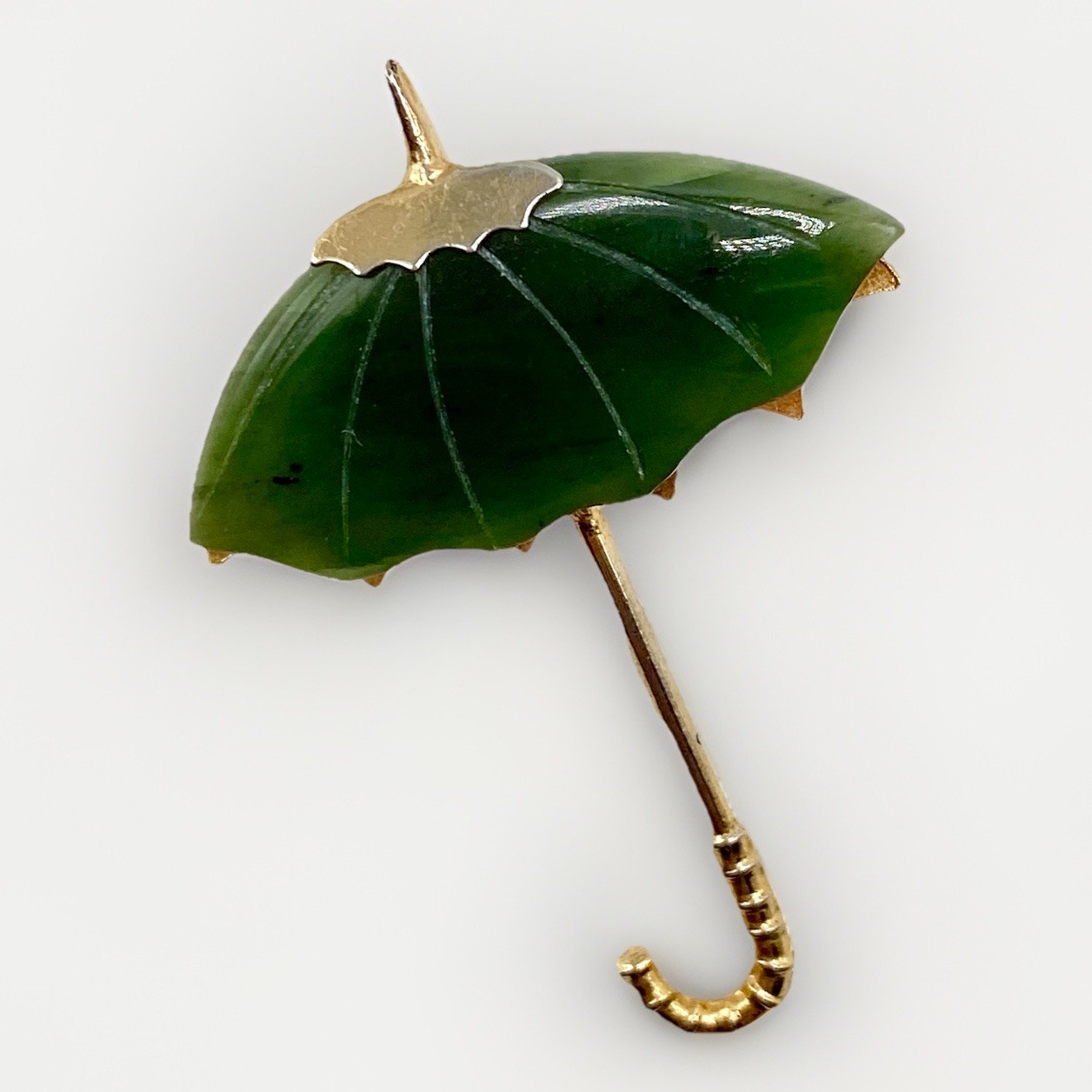 Vintage Jade Umbrella Brooch Carved Green Stone Figural Gold Asian Style Pin 60s