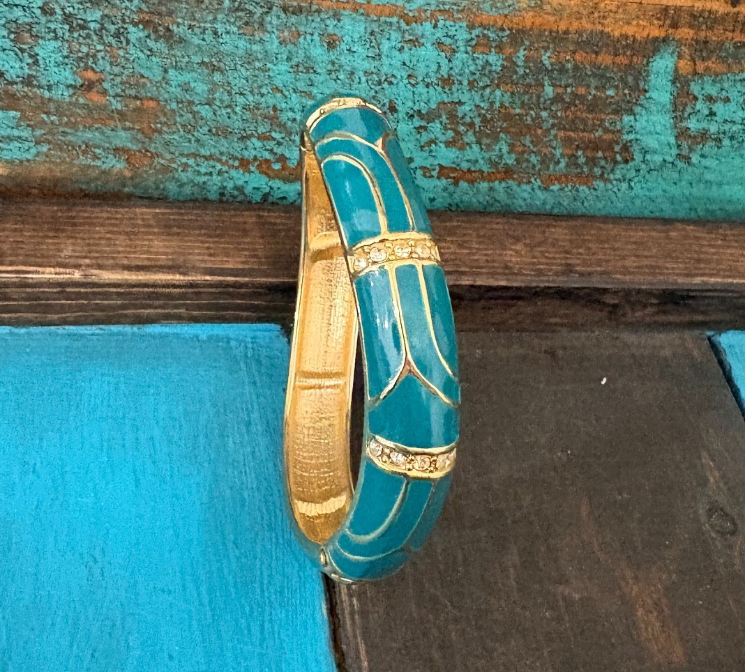 Vintage “Perfect Wave” azure blue enamel and crystal hinged bangle gold tone