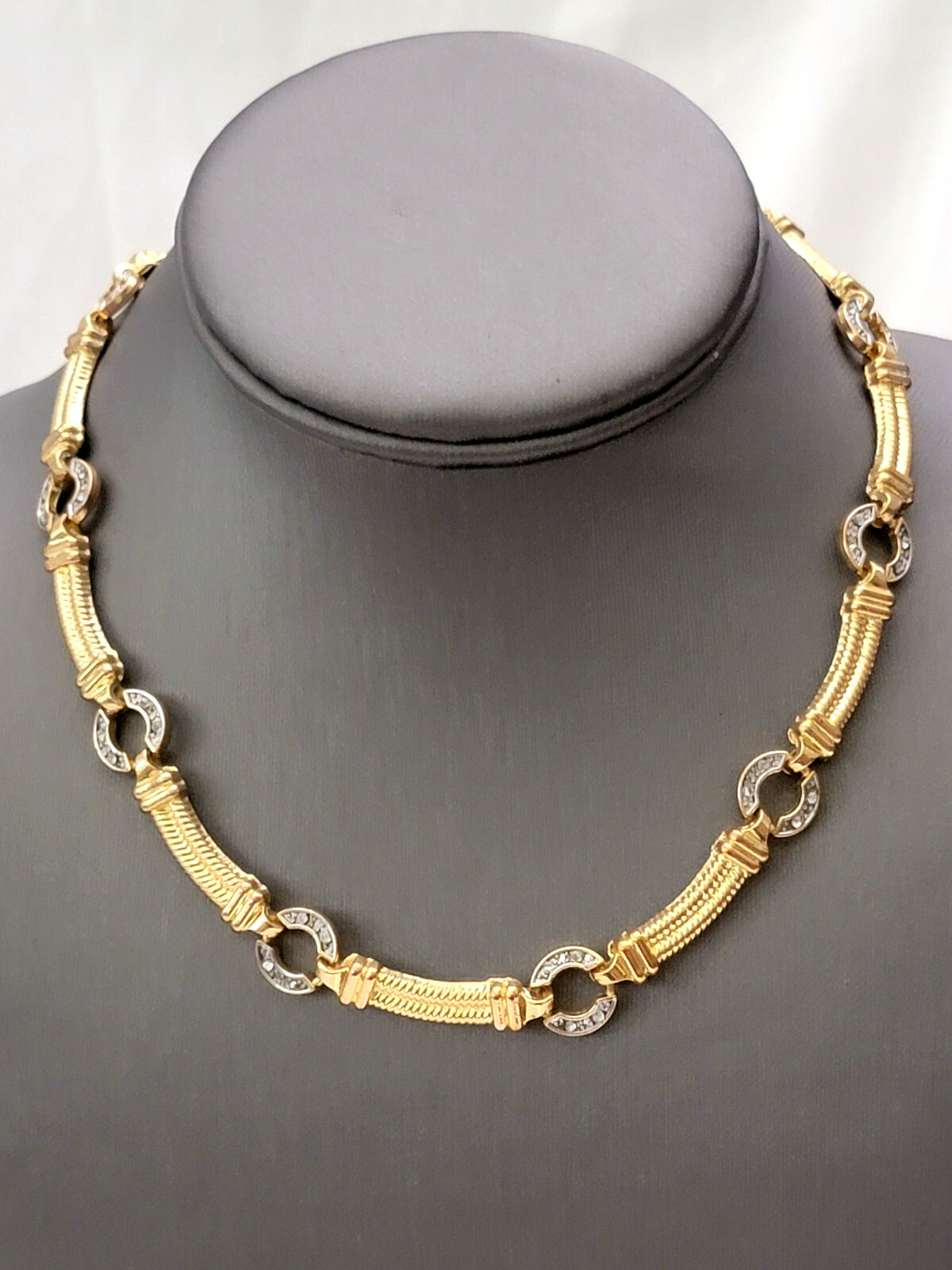 Vintage Gold Tone Segmented Bar Links Rhinestone Collar Necklace 16″ L