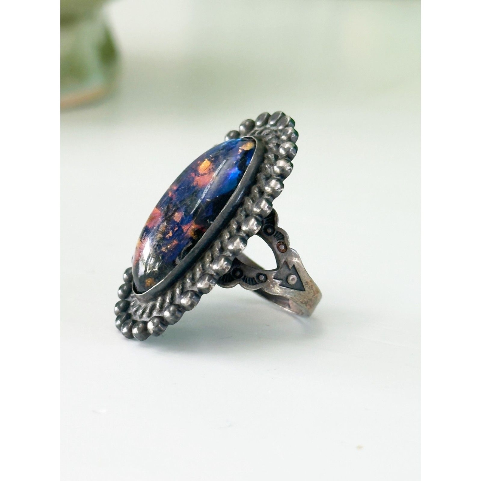 Vintage Mexico Dichroic Glass Sterling Silver Ring Foil Art