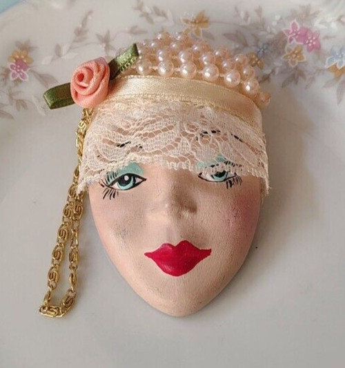 Vtg Retro Porcelain Painted Face Brooch Faux Pearl Peach Rose Lace Hat Red Lips