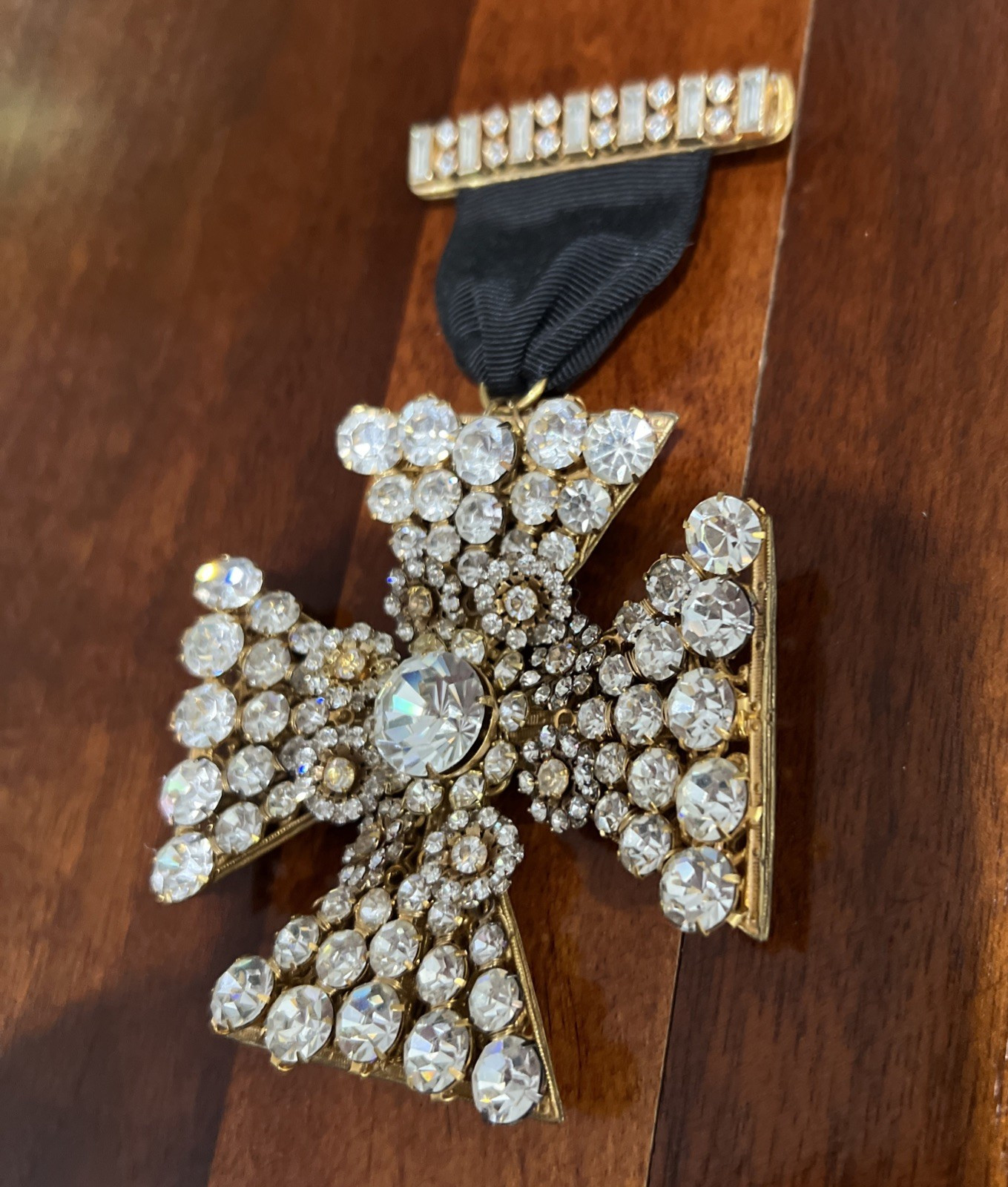 VTG. SIGNED MIRIAM HASKELL RHINESTONE MALTESE CROSS on RIBBON & CROSS BAR BROOCH