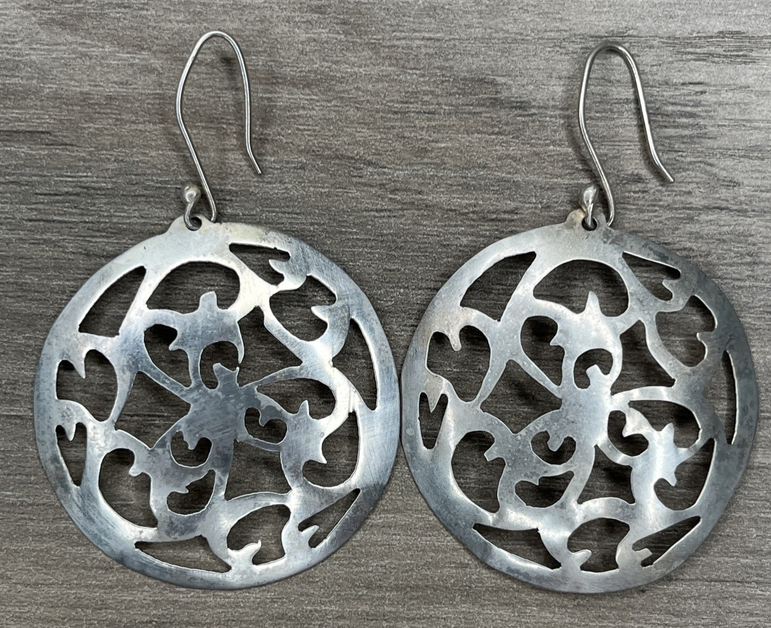 Signed ATI Mexico Sterling 925 Openwork Round Dangle Hook Statement Earrings VTG