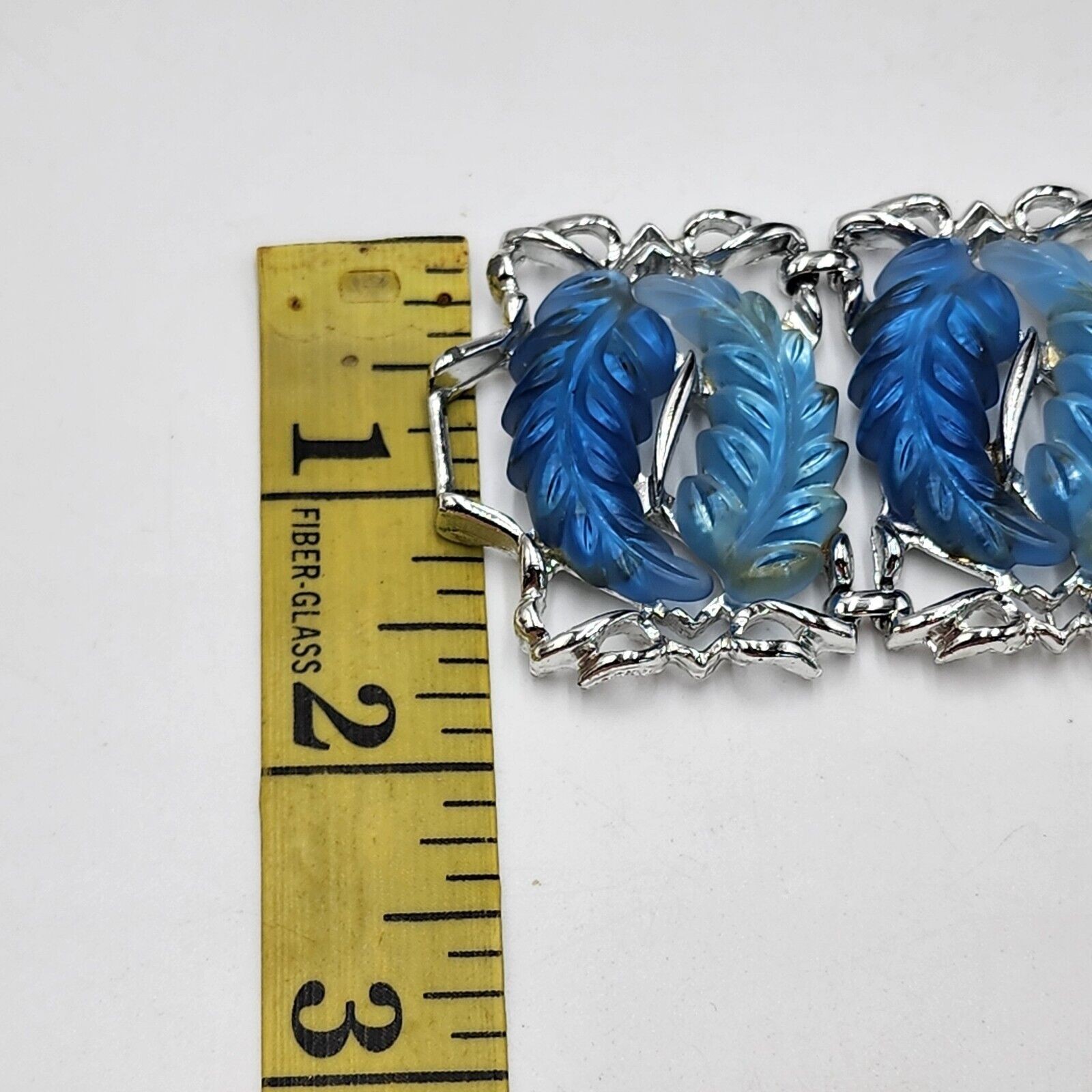 Vintage Blue Tones Thermoset Panel Wide Leaf Bracelet Cuff Mid Century 7.5″