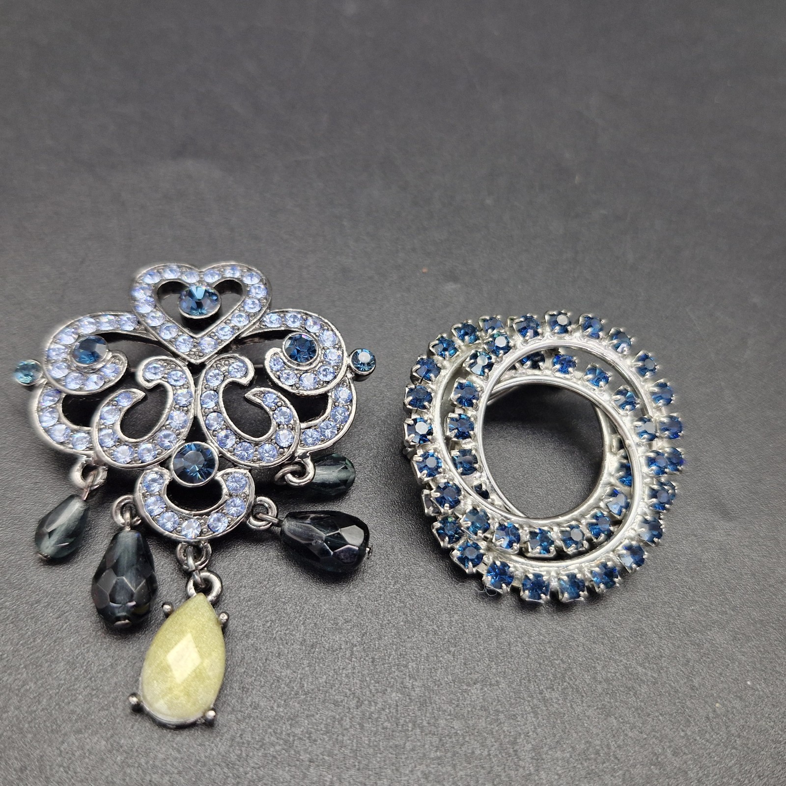 2 Vintage Silver Tone Sapphire Glass Rhinestone Brooches Deco Inspired 1.5-2″