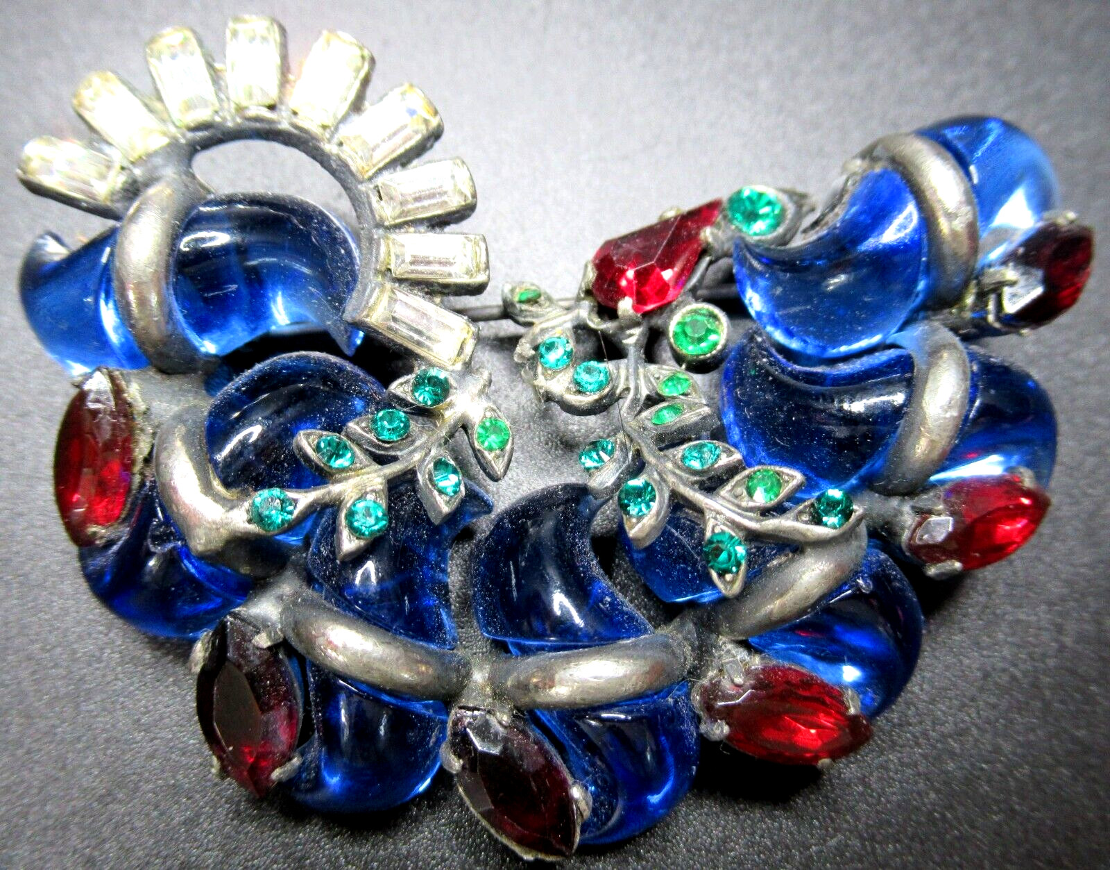 Amazing FRENCH Mogul Red Blue Green RARE S Shaped Vintage Pin Brooch