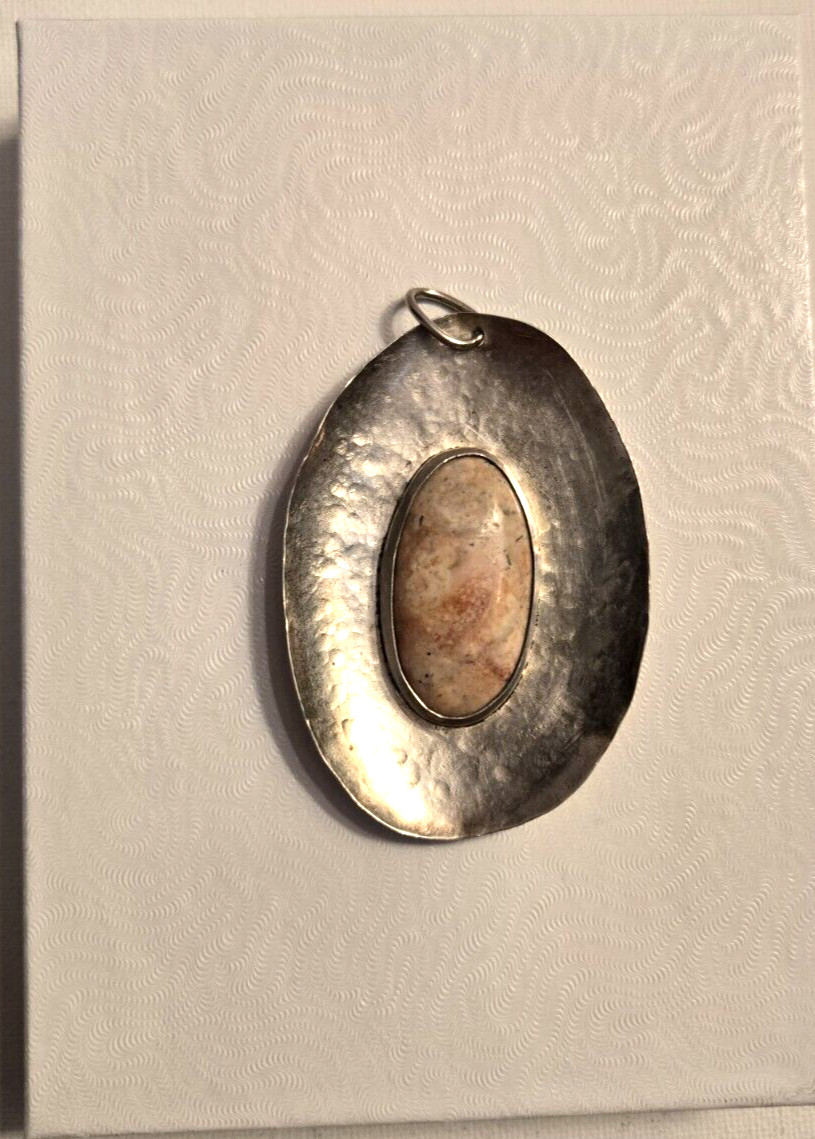 Vintage Oversized Oval Agate Hammer finish White Metal Artisan Crafted Pendant