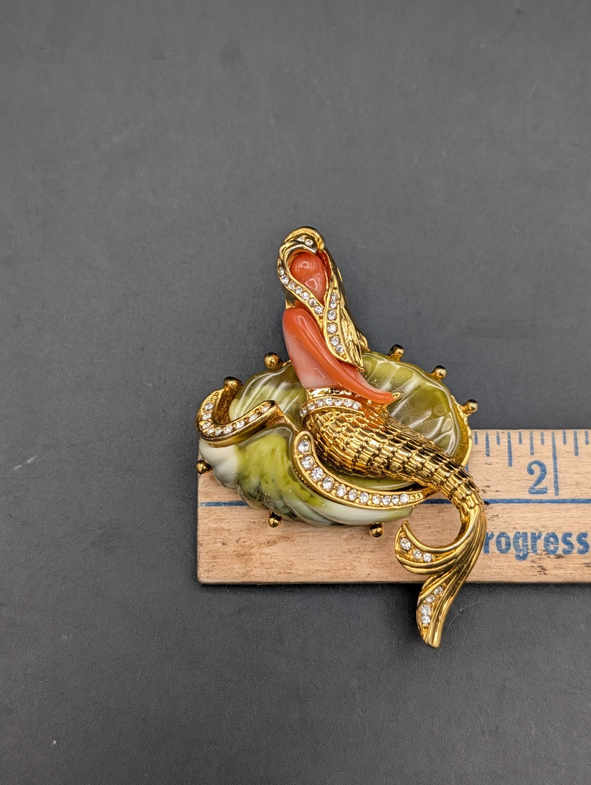 Vintage Hattie Carnegie Mermaid Gold Tone Green Orange Rhinestone 1960s Brooch