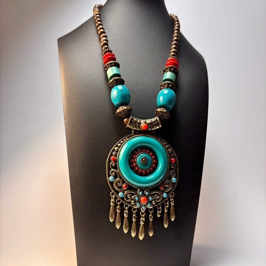 Chunky Vintage Necklace Wood Beads Boho Chunky Blue Resin Pendant