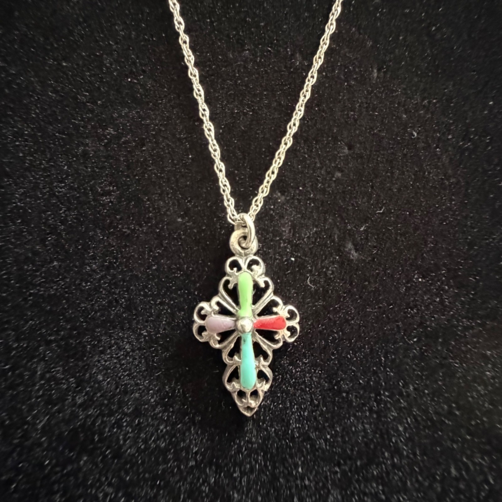 Vintage Sterling Silver Enamel Cross Pendant Necklace Filigree Multicolor 19″