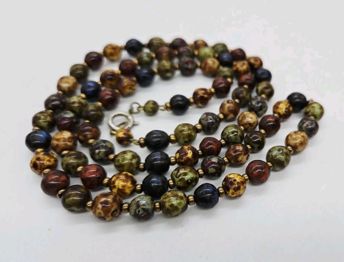 Vintage Faux Scottish Agate Stone Murano Glass Beaded Necklace Earth Tones 30 in
