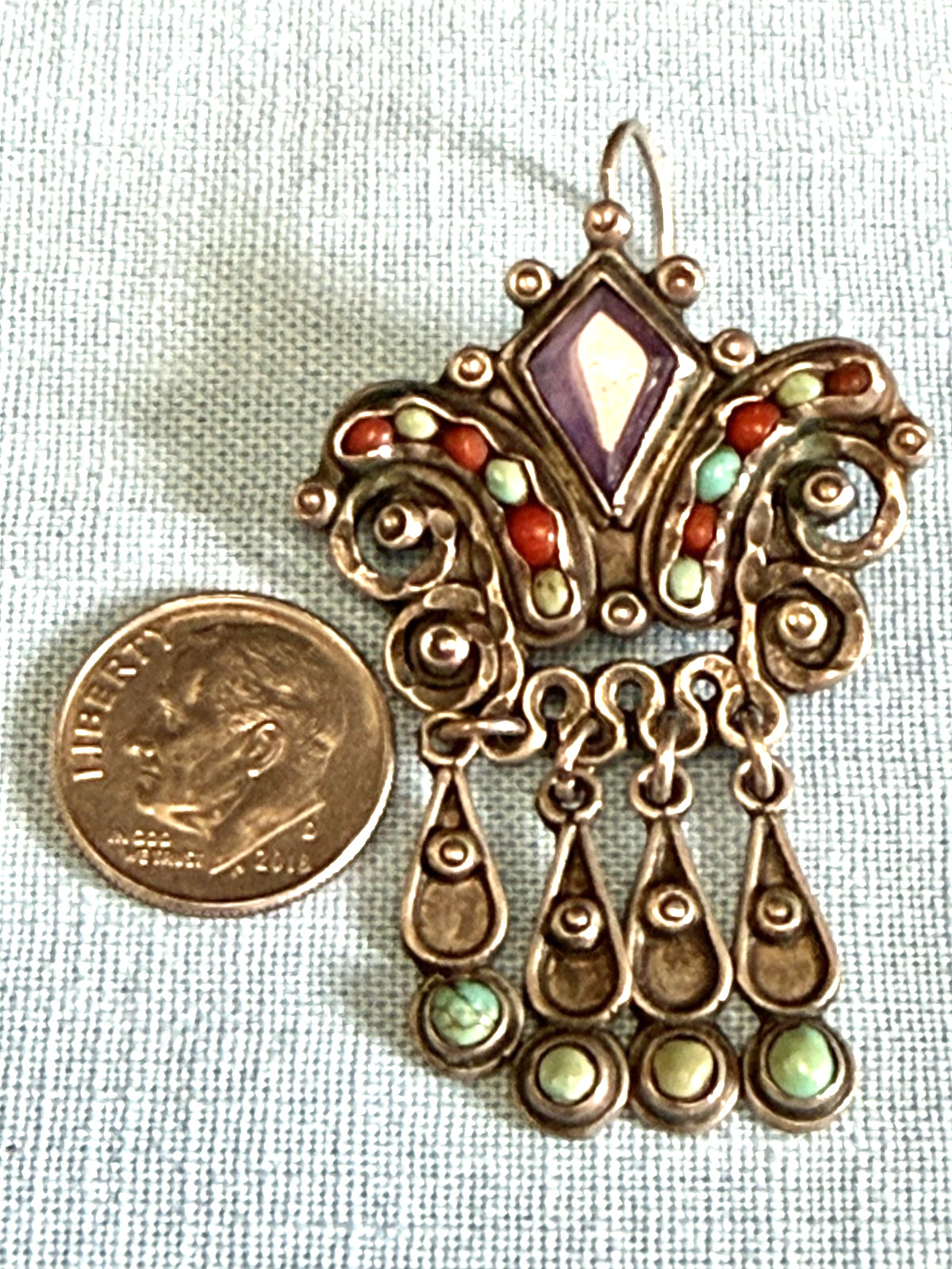 VTG ORNATE CORAL AMETHYST? SINGLE LG EARG TO BECOME GRAND PENDANT almost 2″ LONG