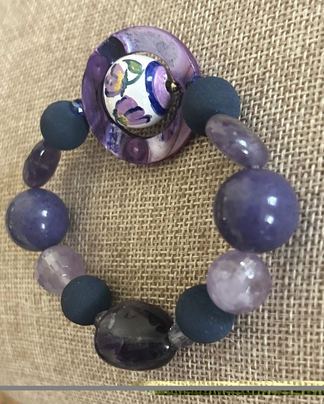 VTG Bead Bracelet Purple Matte w/ Abalone Ring Floating Floral Ball Hand Painted