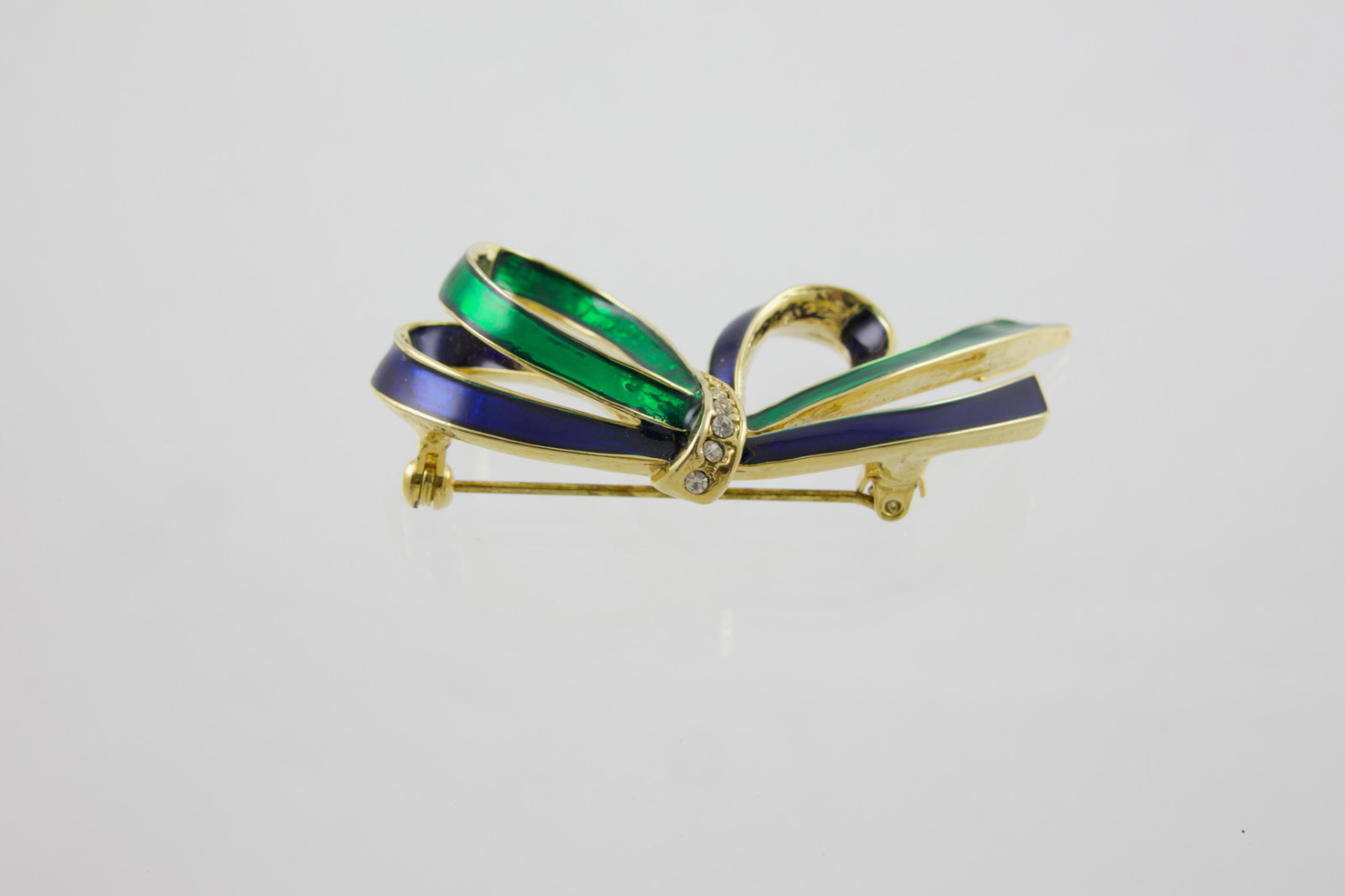 Vintage Finesse Blue & Green Enameled Rhinestone Ribbon Bow Brooch