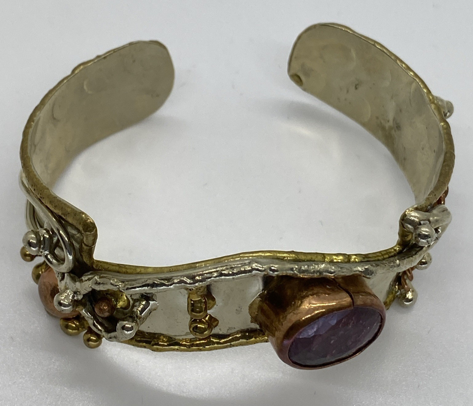 Lot 2 Artisan Brutalist 1″ Cuff Bracelets Silver-tone Brass Copper Natural Stone